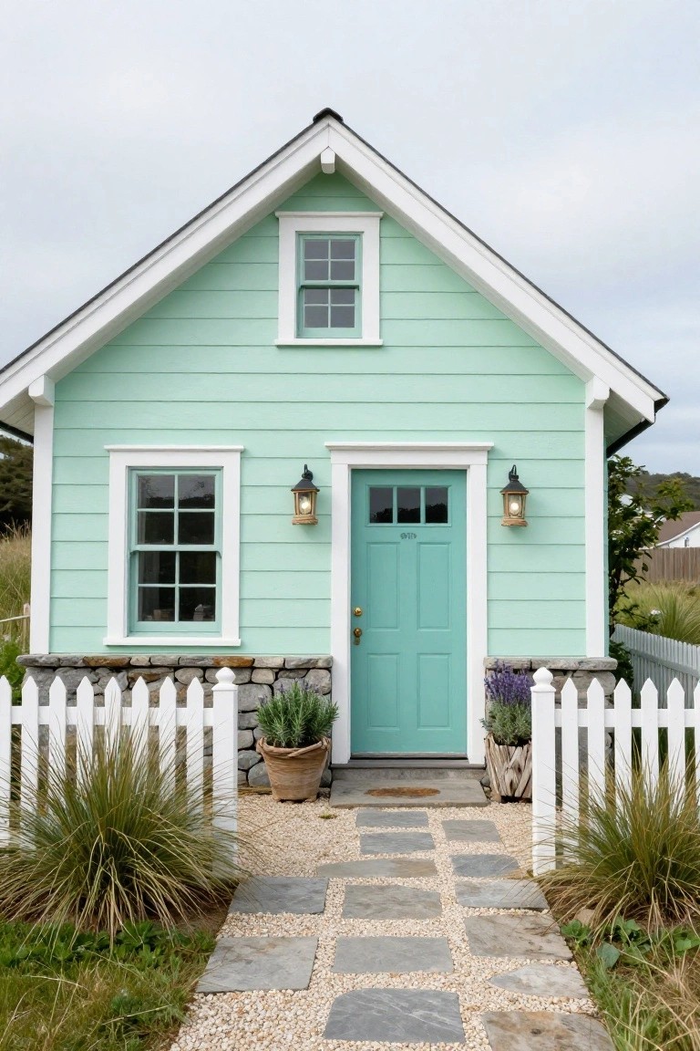 Small mint green clapboard house with white trim, turquoise front door flanked by lanterns, stone foundation, white picket fence, potted plants, and gravel stone path.