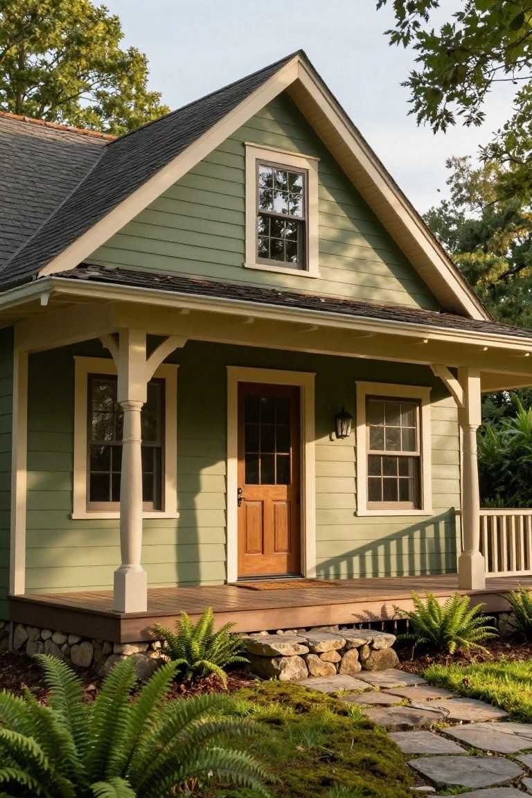 A small sage green clapboard house with white trim, gabled roof, covered front porch on stone piers, wooden door and windows, stone foundation, ferns, and flagstone path.
