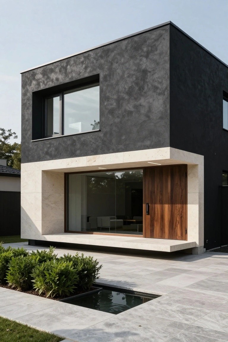 Modern house exterior featuring dark textured stucco walls, light beige stone cladding framing a large glass entry and walnut wood door, elevated stone platform, gray paver patio with boxwood shrubs and shallow water feature.