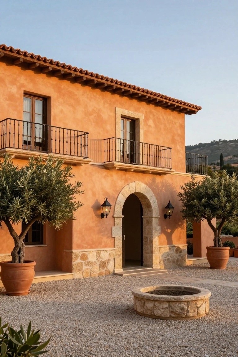 Tan stucco house with stone accents, balconies, olive trees, and a gravel courtyard.