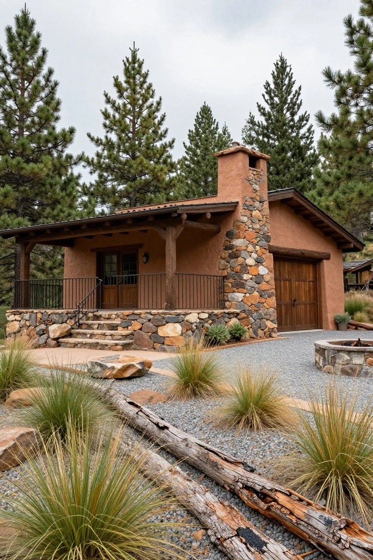 Small single-story cabin with terracotta stucco walls, tall stone chimney, wooden garage door, covered porch with steps, gravel driveway, fire pit, ornamental grasses, and surrounding pine trees under overcast sky.