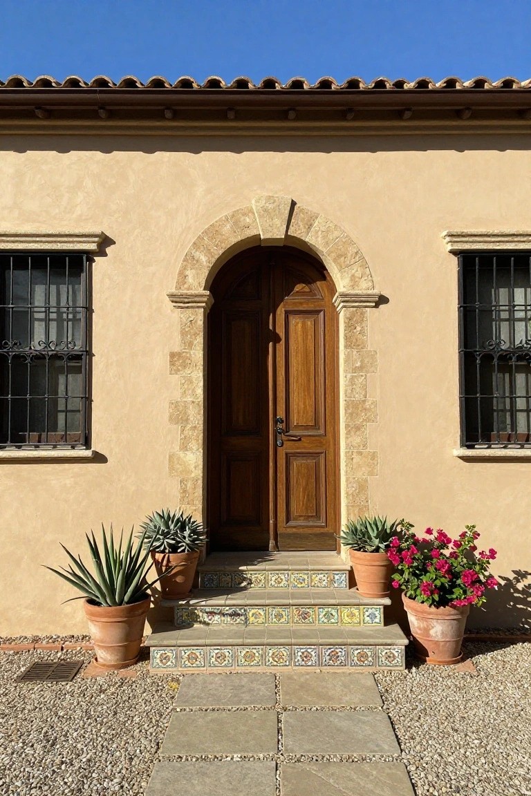 Beige stucco house facade with arched wooden entry door framed in light stone, wrought iron grille windows on either side, colorful tiled steps leading to gravel path, terracotta pots with agave and bougainvillea plants, under clear blue sky.