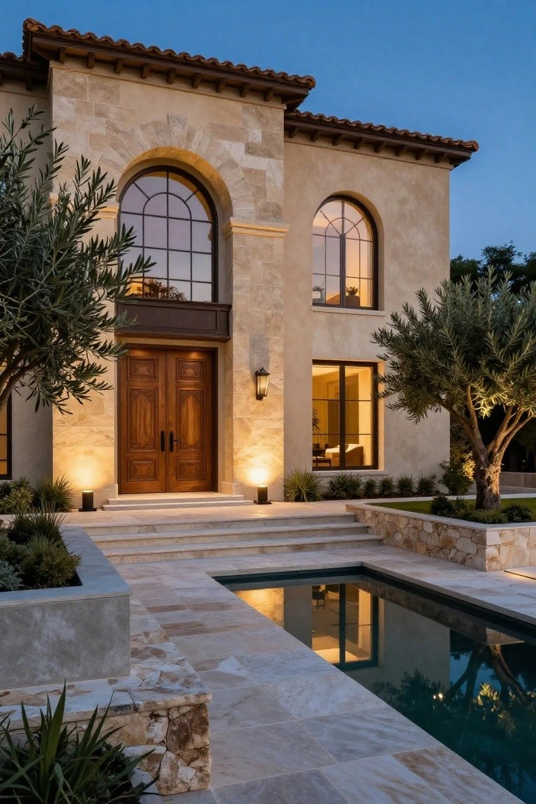 Front view of a two-story house with light beige stone walls, terracotta tile roof, large arched window, double dark wood entry doors, flanked by olive trees, stone steps, low lights, and a small rectangular reflecting pool at the base.