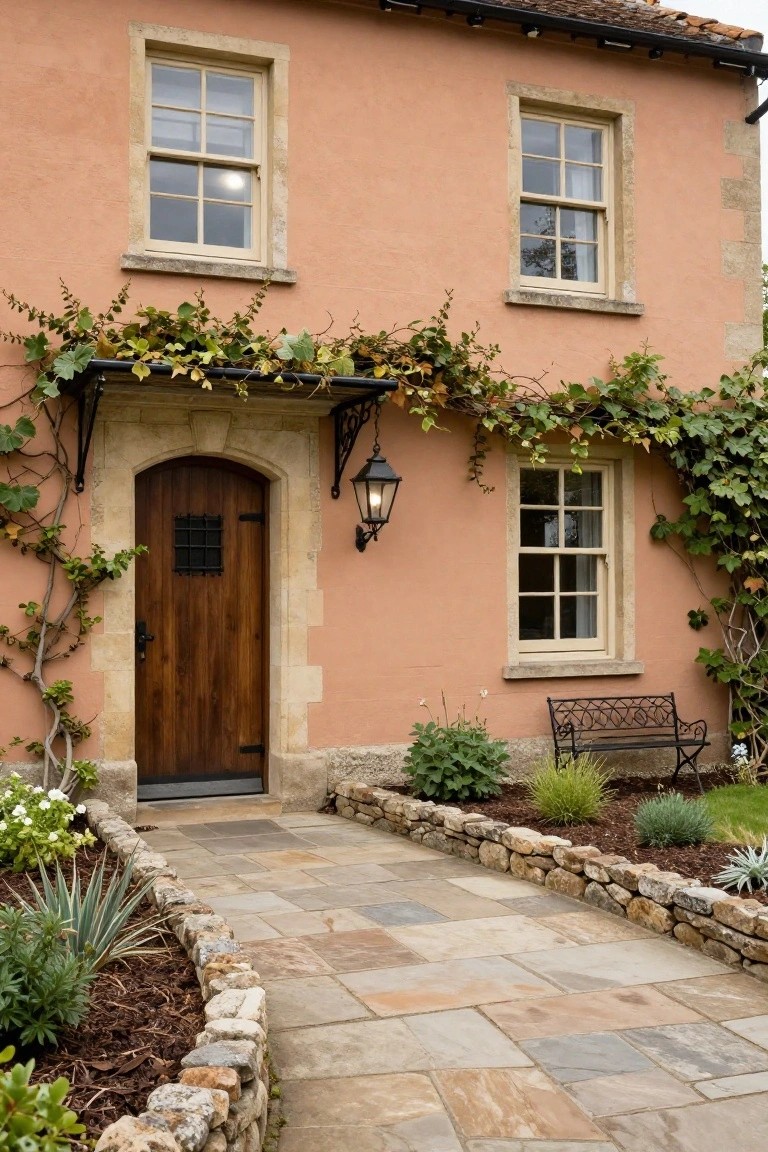 Terracotta stucco house facade with arched wooden door featuring metal grille, stone archway and trim, ivy climbing walls and porch, wall lanterns, sash windows, bench, and stone pathway with low plantings and gravel edging.