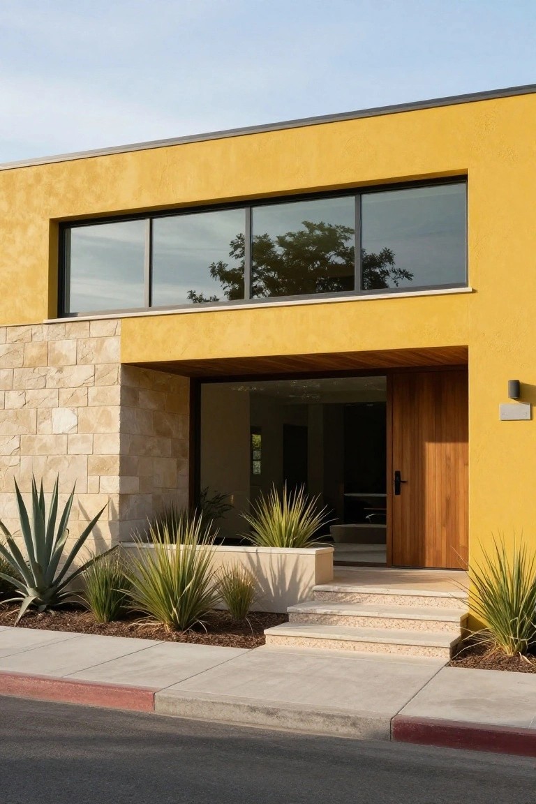 Modern house exterior with yellow stucco walls, light stone accents on the left side and entry, a wooden front door, large black-framed windows, steps leading up, and agave plants in landscaped beds along the sidewalk.