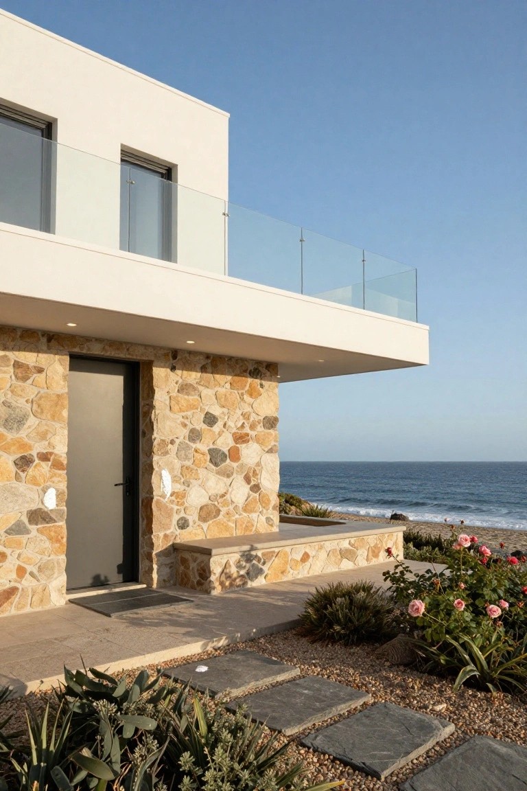 Modern house exterior with white stucco upper walls and balcony, natural stone lower wall around a dark entry door, gravel path with agave plants and pink flowers, and ocean view in the background.
