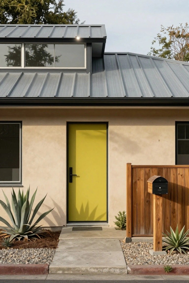 House exterior featuring beige stucco walls, gray standing-seam metal roof, bright yellow front door with black handle, two windows, agave plants, wooden fence with black mailbox, concrete pathway, and gravel mulch.