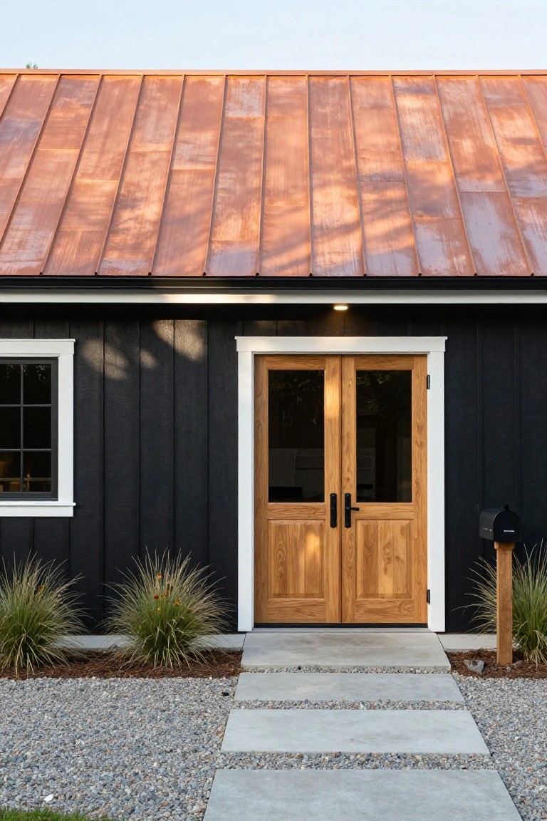 Front view of a small building with black vertical board-and-batten siding, copper-patina standing-seam tin roof, double wooden doors with glass panels, a single window, ornamental grasses, mailbox on post, gravel yard, and concrete steps with pavers.