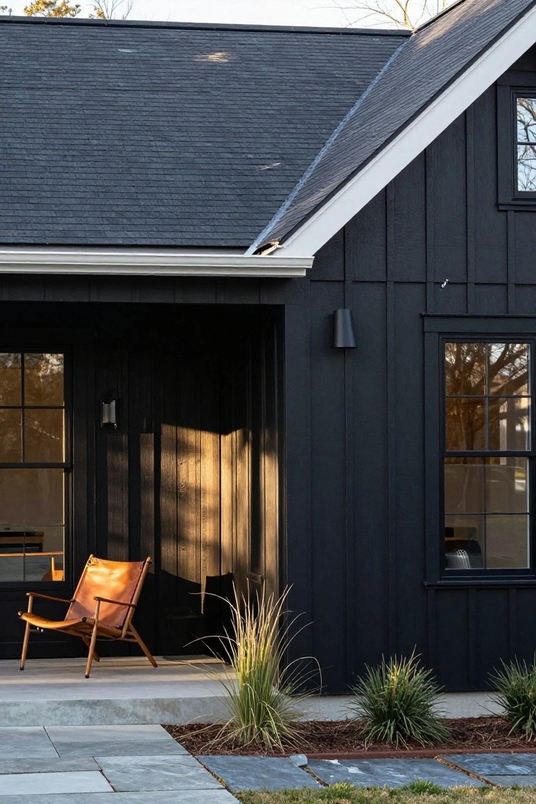 Side view of a black board-and-batten house exterior with white trim on windows and gables, dark sloped roof, covered porch with orange leather chair, and clusters of ornamental grasses in front of a stone paver patio.