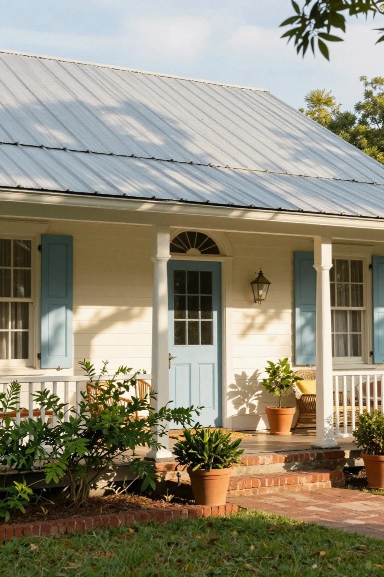A small cream-colored house with blue shutters and front door, white porch columns and railing, potted plants, brick steps, and corrugated metal roof.