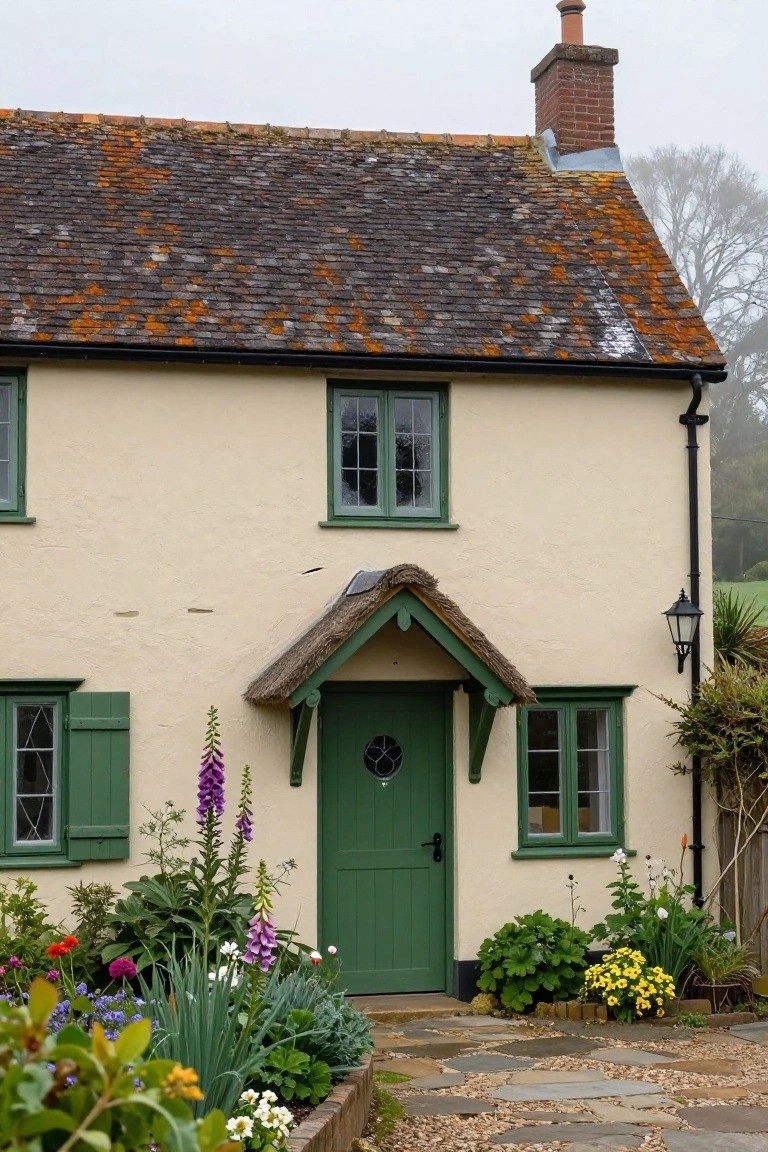 Cream stucco house with green shutters and door under a mossy red-tiled roof, thatched porch canopy, flower garden in front, and stone path, in misty weather.