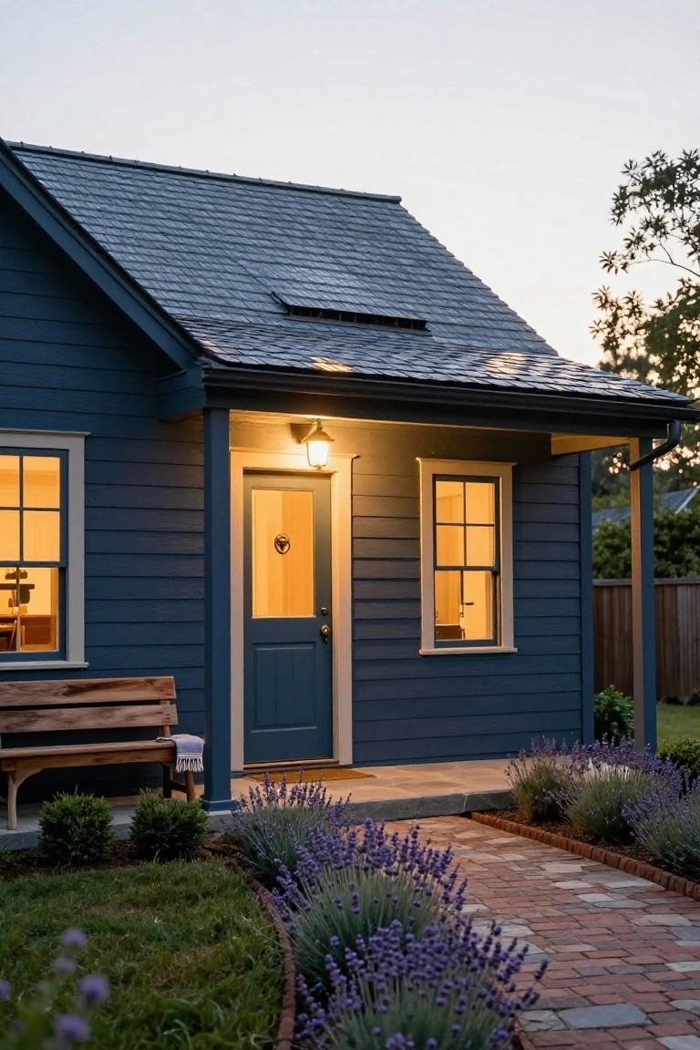 Small navy blue clapboard house with dark sloped tin roof, lit front porch and door, wooden bench with towel, lavender plants, brick path, and grass at dusk.