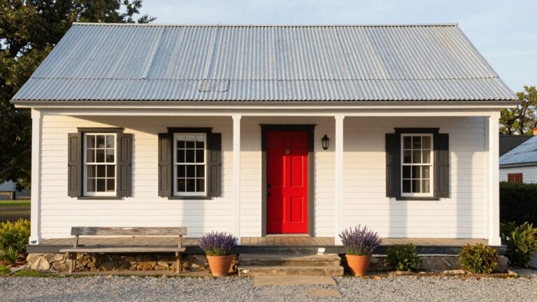 19 Exterior House Paint Color Combinations With Tin Roof Small white clapboard building with black shutters on the window, bright red paneled front door, corrugated metal roof, wooden bench, lavender plant in terracotta pot, stone steps, gravel ground cover, and surrounding shrubs and grass.