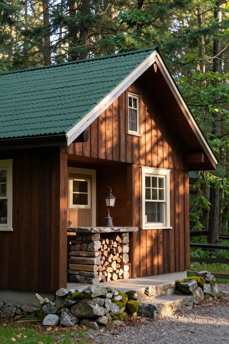 Small wooden cabin with brown vertical siding, steeply pitched green metal roof, covered porch area with stacked firewood, lantern light, and stone steps leading up, surrounded by trees and forest floor.