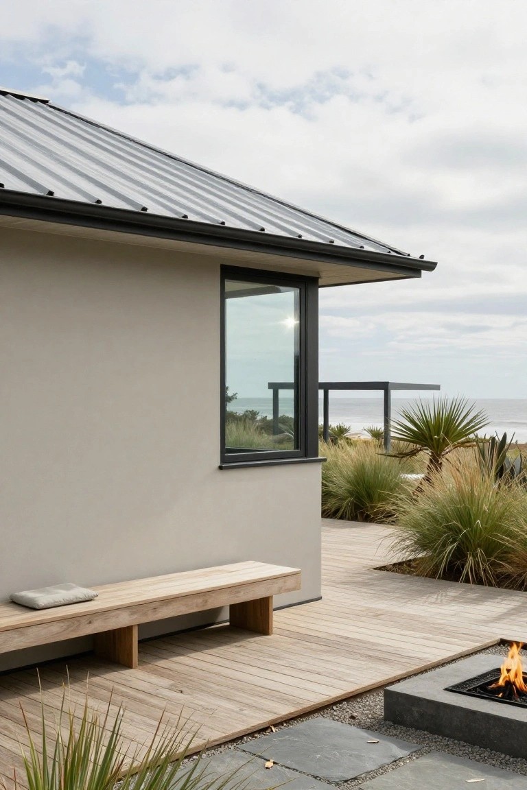 Side exterior view of a modern house featuring light beige stucco walls, dark corrugated metal roof, black-framed window, wooden deck with bench and built-in fire pit, grasses, and distant beach.