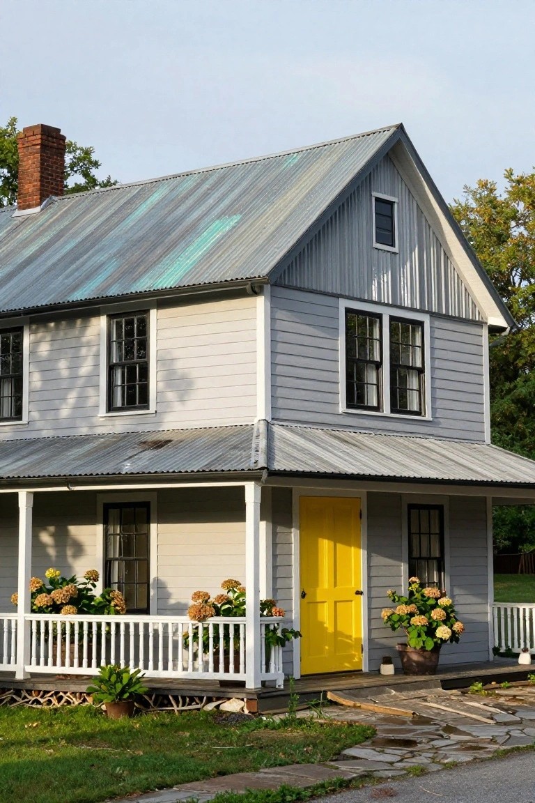 Gray clapboard house with corrugated metal roof, yellow front door, white porch railing and trim, flanked by hydrangea plants, surrounded by grass and trees.
