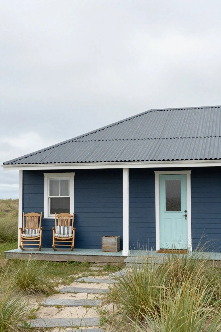 Dark blue clapboard house with gray corrugated tin roof, white trim around windows and porch post, light green front door, two wooden rocking chairs on porch, wooden crate planter, stone path, and dune grass in foreground.