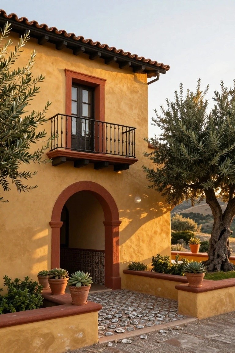 Yellow stucco house facade with red-trimmed arched entry, balcony window, terracotta tile roof, olive trees, potted plants, and shell-inlaid stone pathway at sunset.