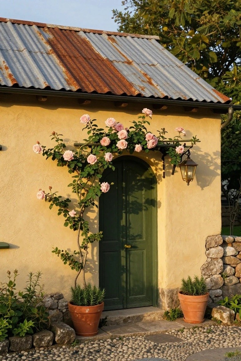 Yellow stucco house facade with rusted corrugated tin roof, green arched door framed by pink climbing roses, two terracotta pots with rosemary plants, stone foundation, and gravel path.