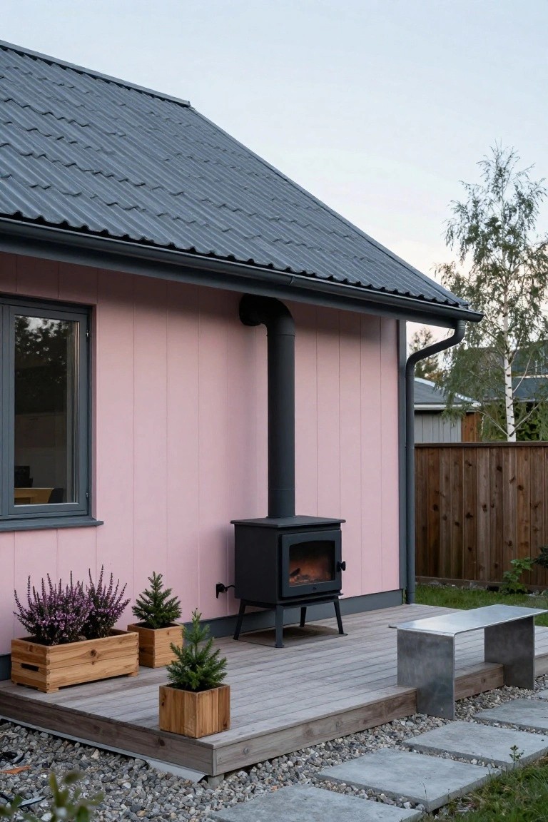 Side exterior of a small house painted soft pink with dark gray corrugated tin roof, featuring a black wood-burning stove on a wooden deck, potted heather and small evergreens, a metal bench, gravel ground with stone pavers, and birch trees in the background.
