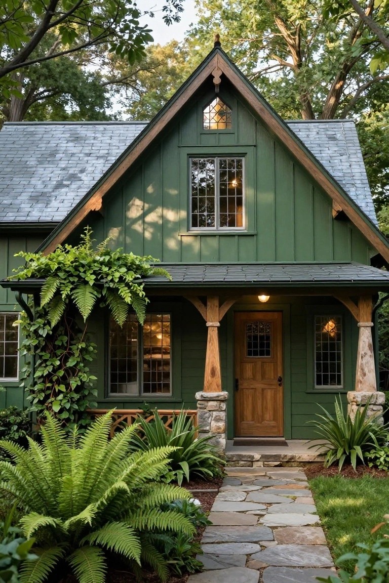 Front exterior of a sage green shingle-style cottage with dark gray slate roof, wooden front door, stone pillars on porch, leaded glass windows, ferns and vines on siding, and stone path leading to entry.