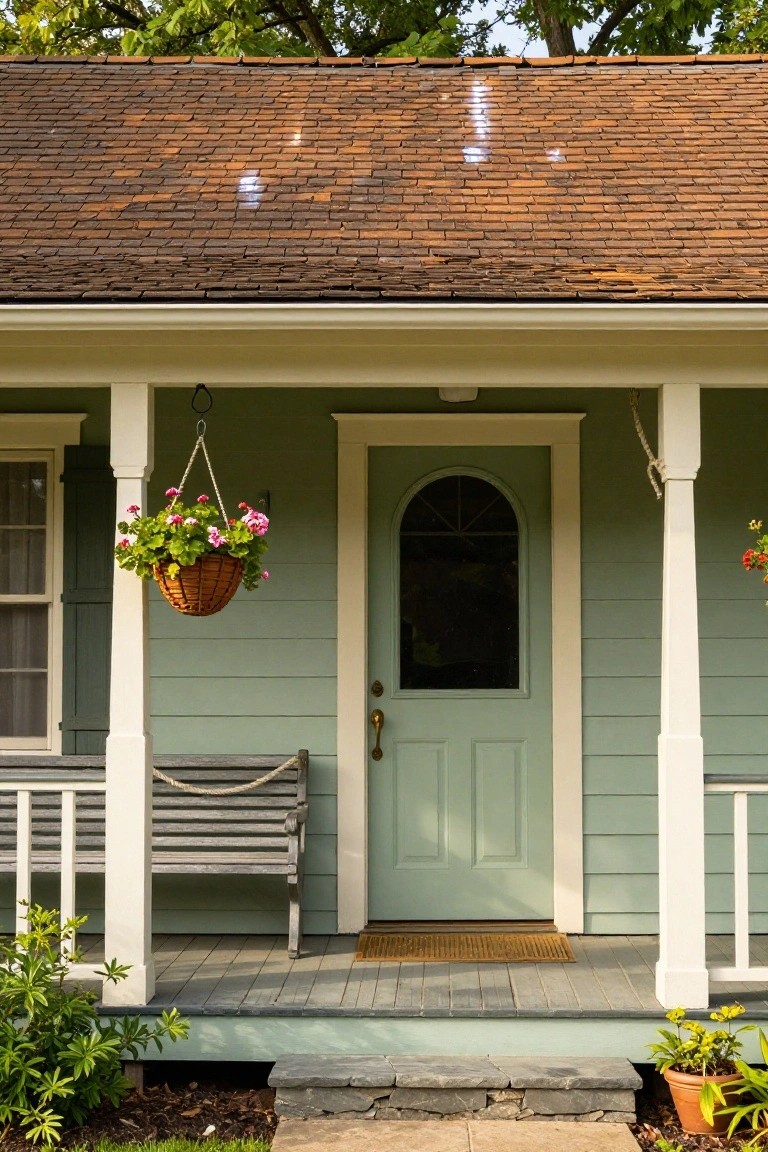 Front porch of a pale green house with white columns, gray bench, hanging basket of pink flowers, green door with glass window, and reddish-brown tin roof.