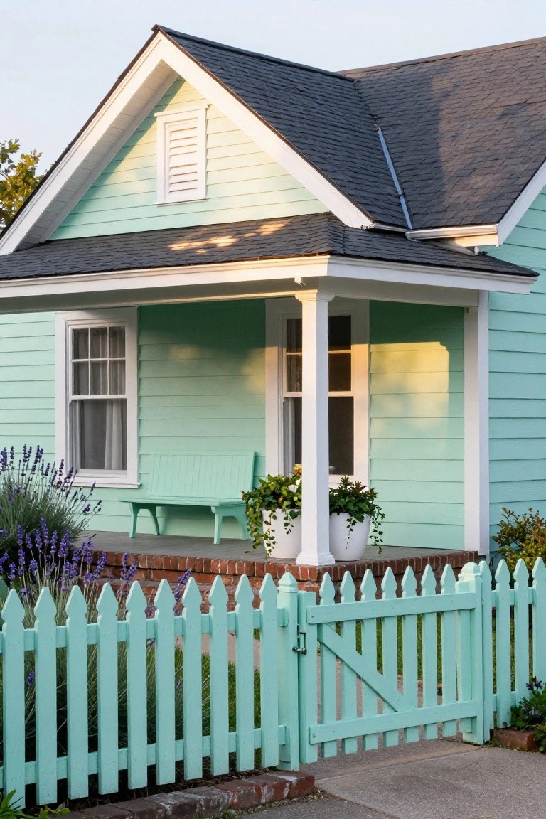Mint green clapboard house with dark shingled gable roof, white-trimmed porch featuring a bench and potted plants, lavender bushes, matching picket fence gate, and brick edging on a sidewalk.