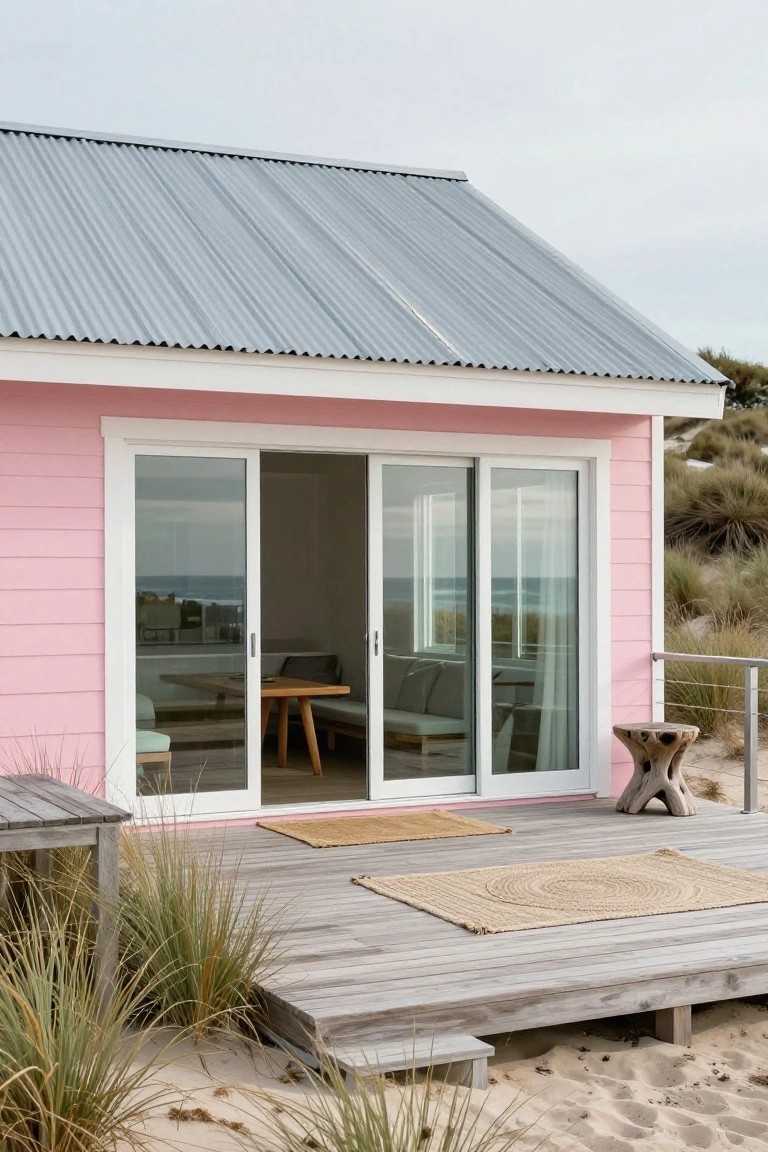 Pink clapboard beach house with corrugated galvanized tin roof, large sliding glass doors opening to a wooden deck with furniture, surrounded by sand dunes and beach grasses.