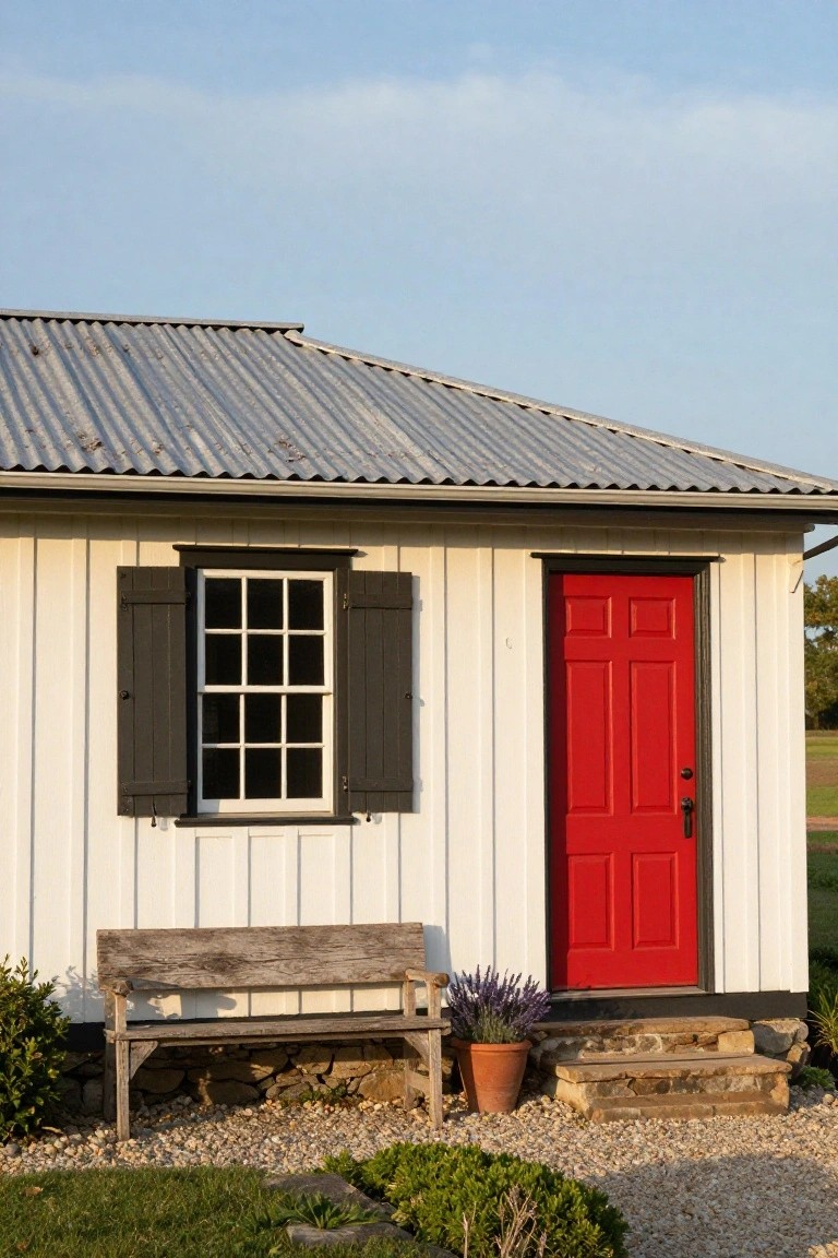 Small white clapboard building with black shutters on the window, bright red paneled front door, corrugated metal roof, wooden bench, lavender plant in terracotta pot, stone steps, gravel ground cover, and surrounding shrubs and grass.