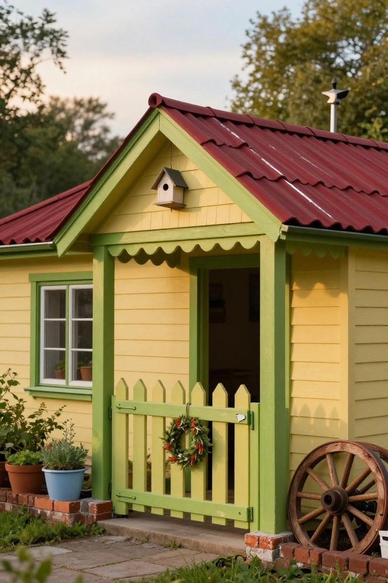 A small yellow wooden garden shed with green trim, red corrugated metal roof, scalloped porch overhang, birdhouse gable, open door, white picket gate with wreath, potted plants, and wagon wheel nearby.