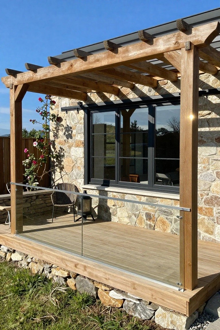 Raised wooden deck with glass and metal balustrade under a wooden pergola next to a stone house wall featuring large black-framed triple sliding windows, climbing rose vine on the stone, wicker chair, lantern, and grassy yard below.