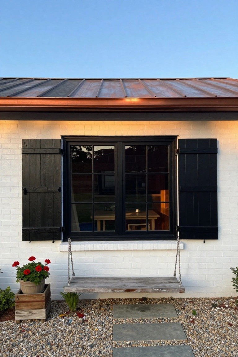 White brick house exterior wall with open black shutters framing a large black divided-light window, wooden porch swing hanging below, potted red geraniums, wooden planter box, gravel ground cover, and stone steps.