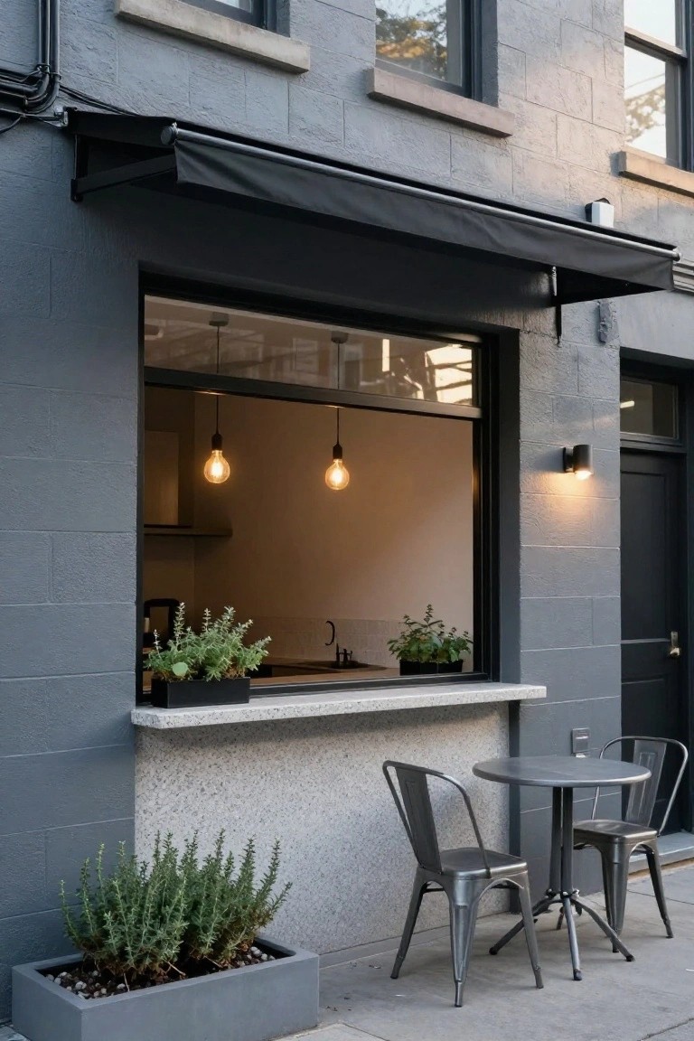 Grey brick building exterior with black awning over a large open sliding window revealing kitchen interior, counter ledge, potted plants, pendant lights, sink, and a small metal bistro table with two chairs on the sidewalk below.