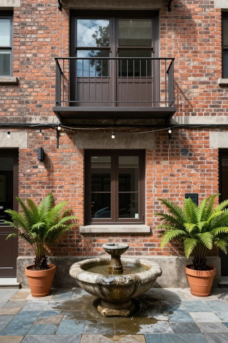Brick courtyard featuring a central stone fountain surrounded by slate pavers, potted ferns on either side, large dark-framed windows and doors on brick walls, a metal balcony above, and string lights overhead.
