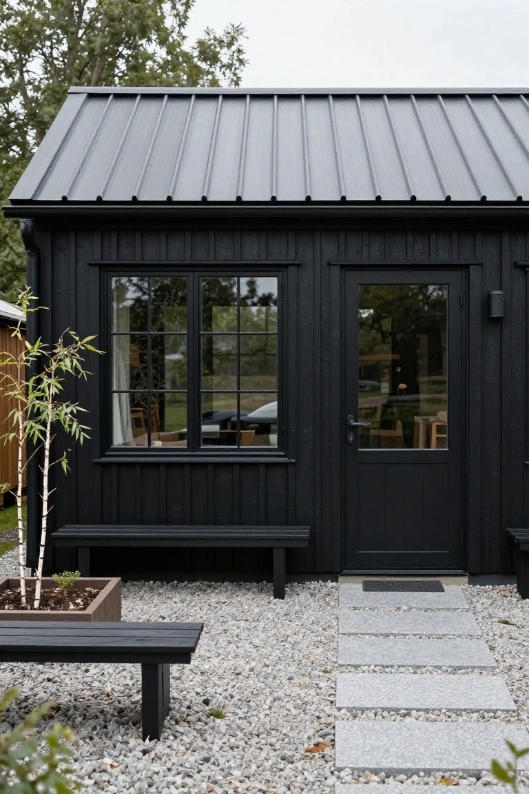 Small black wooden cabin with dark metal roof, large black-framed multi-pane window, glass-paneled door, flanked by black benches on gravel ground with stone path and potted plants.