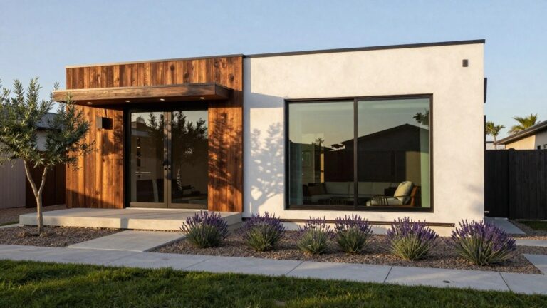 White stucco house exterior with large black-framed tinted sliding glass doors beside a concrete patio step, olive tree in a pot, lavender plants, gravel bed with metal edging, and adjacent grass lawn under a blue sky.