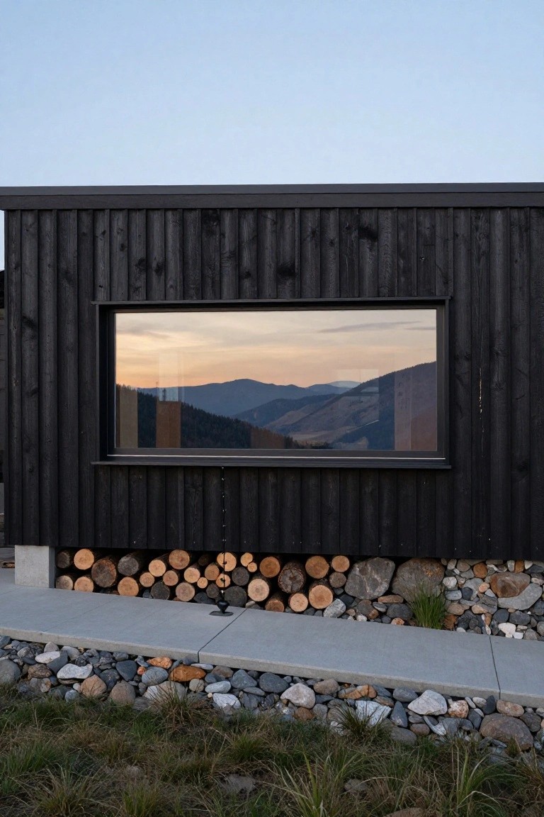 Black timber-clad house wall with large horizontal black-framed window reflecting sunset over distant mountains, stacked firewood beside a concrete path and stone base.