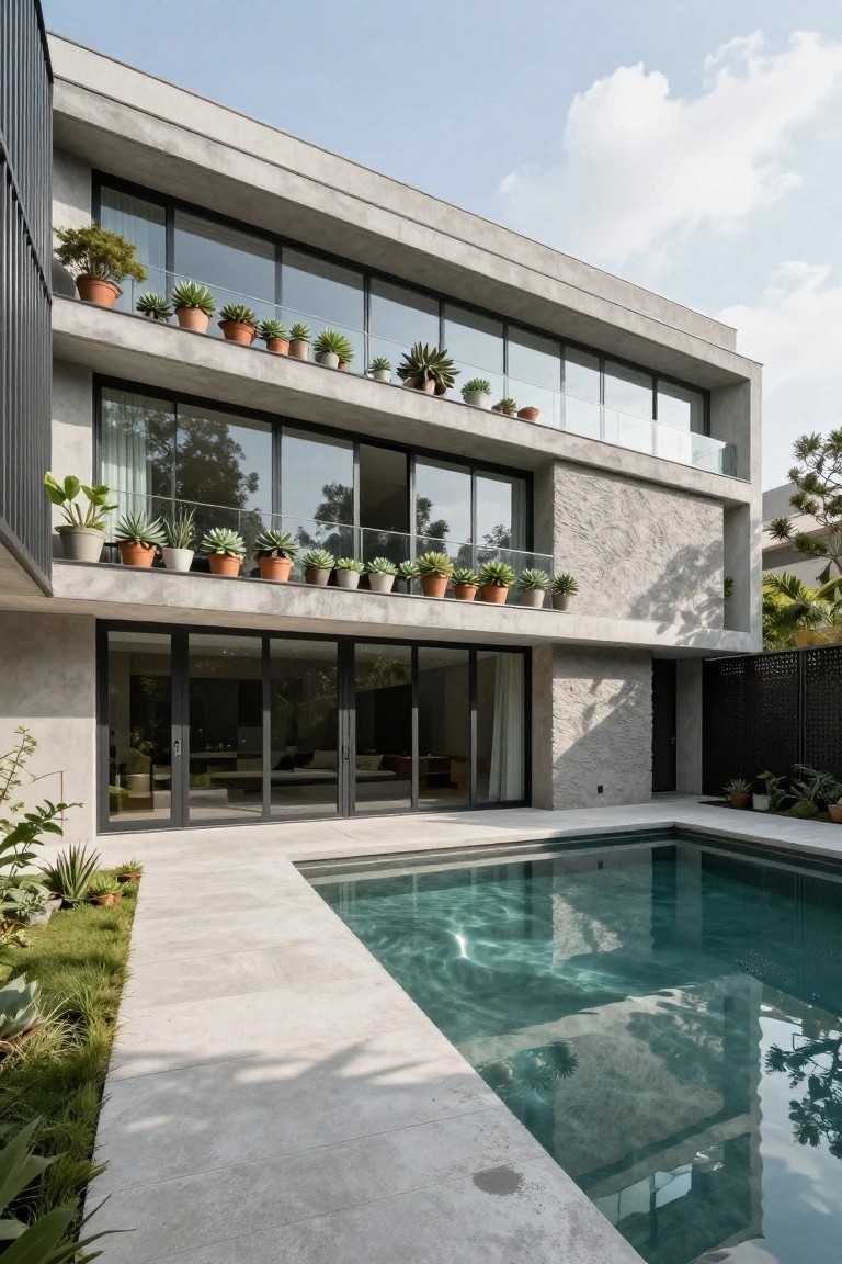 Three-story modern concrete house exterior with large black-framed sliding glass doors on the ground floor opening to a rectangular pool, upper balconies with potted succulents, and landscaped plants along the pale stone deck.