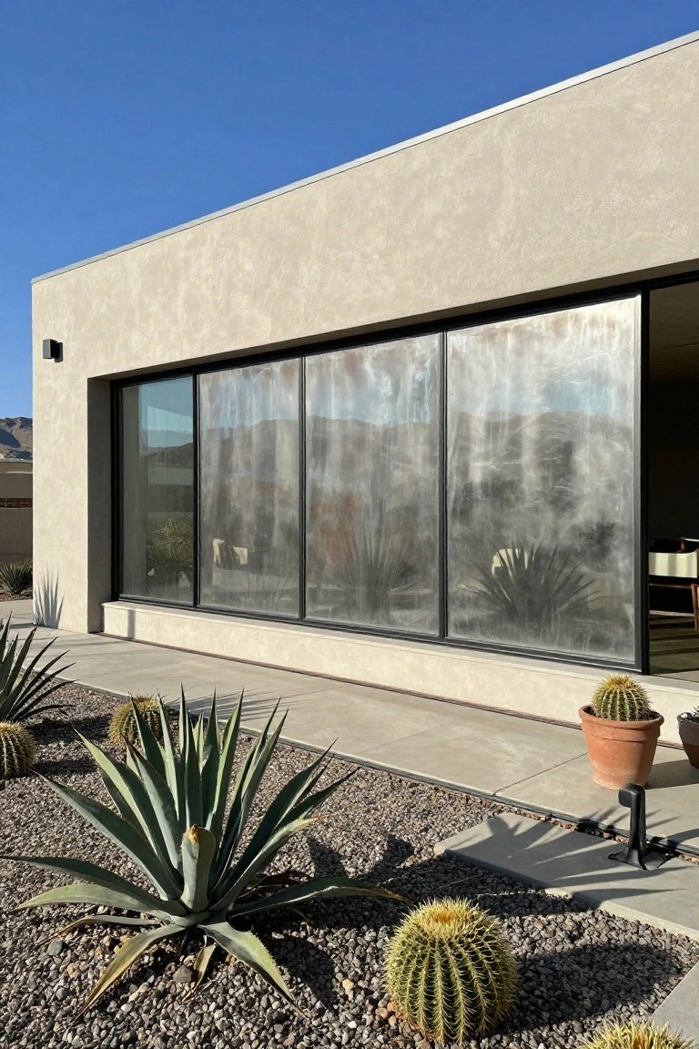 Beige stucco house exterior featuring large black-framed floor-to-ceiling sliding glass windows with reflective surfaces, desert landscaping including agave plants and barrel cacti, and distant mountains under a clear blue sky.