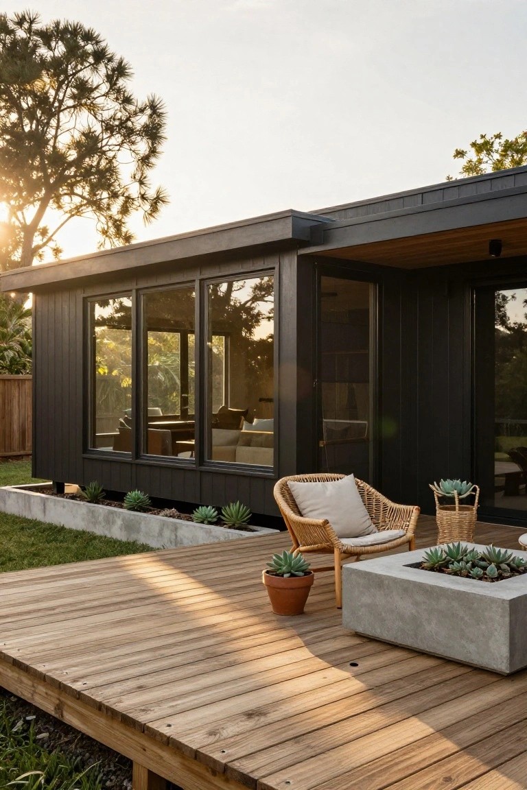 Black wood-clad modern house exterior with three large floor-to-ceiling sliding glass windows beside a wooden deck featuring a rattan armchair, potted succulents, woven baskets, and a concrete fire pit table, with grass and plants nearby.