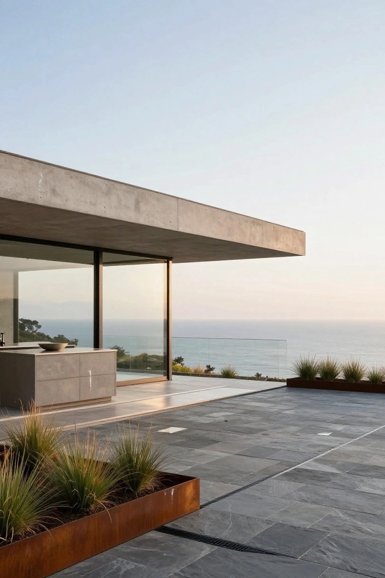 Modern concrete cantilevered terrace with large floor-to-ceiling sliding glass doors from a kitchen counter to a stone-paved outdoor area featuring metal planters with grasses and a glass balustrade overlooking the ocean.