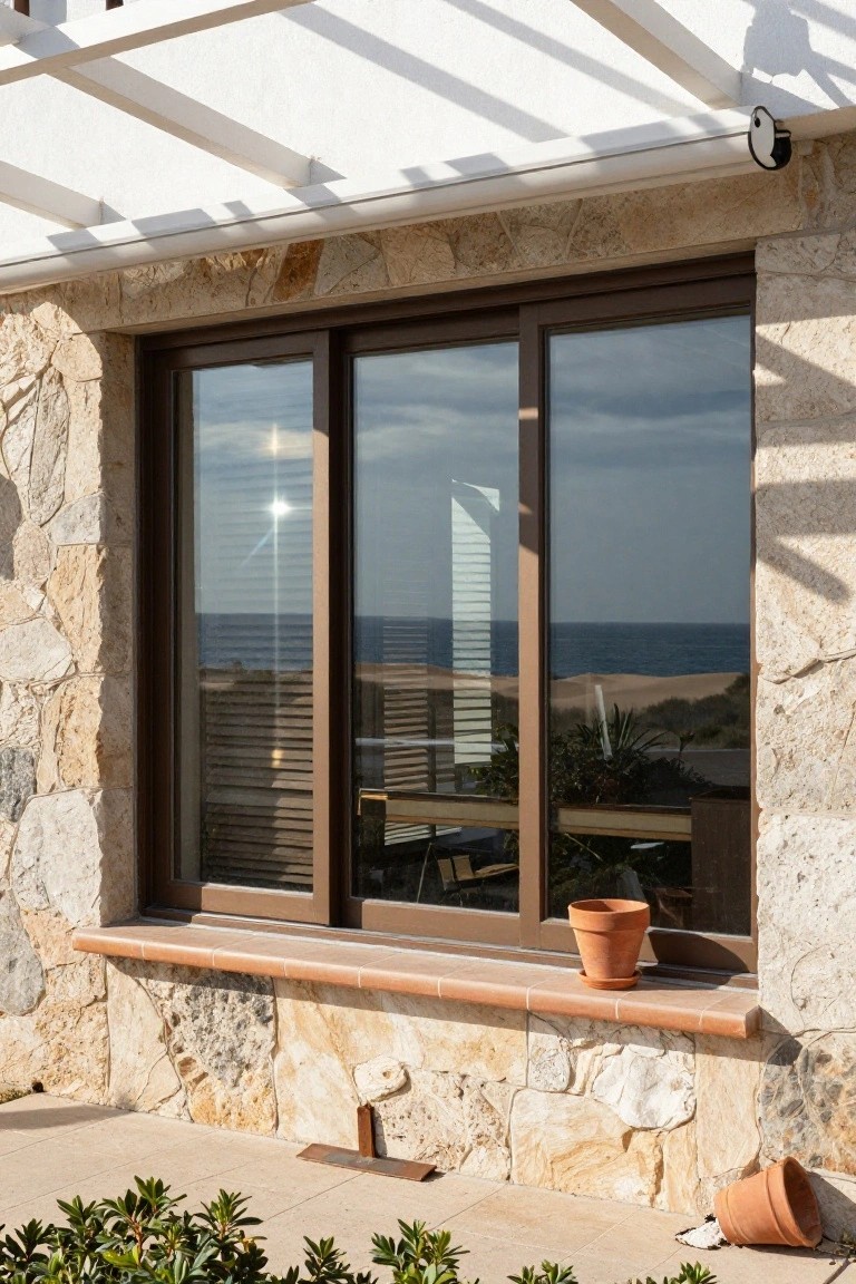 Closeup of a large brown-framed triple sliding window embedded in a beige natural stone wall on a house exterior, overlooking ocean and sand dunes, with terracotta pots on the sill and ground nearby.