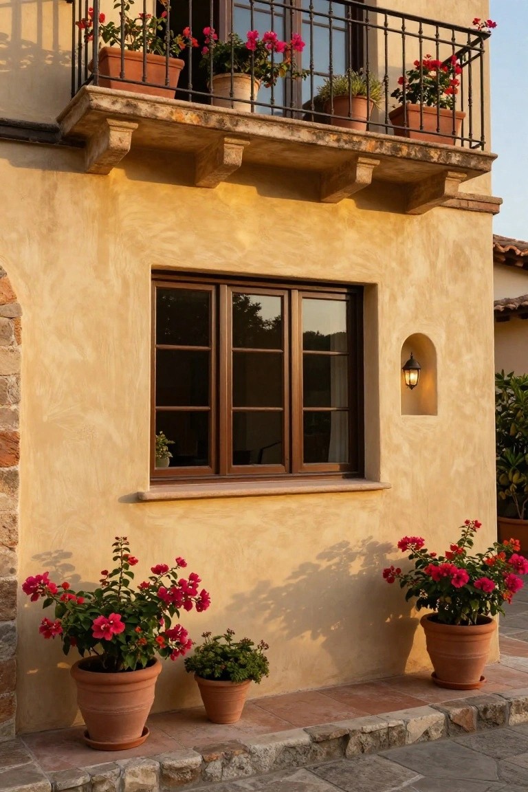 Yellow stucco house exterior with stone balcony brackets holding terracotta pots of red flowers, black metal railing, large brown wood-framed multi-pane window recessed in the wall, wall lantern in niche, and ground-level potted red flowering plants on stone path.