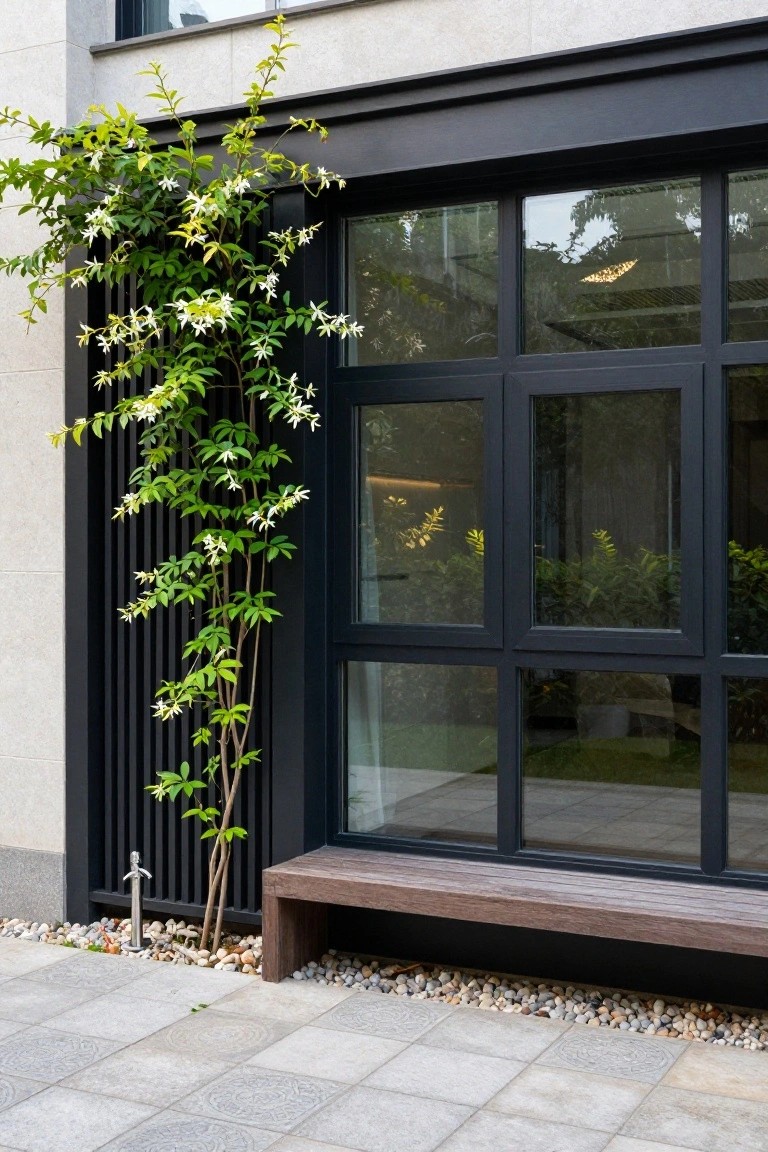 Exterior of a modern house wall with tall multi-panel black-framed sliding windows, climbing green vines with white flowers on a vertical trellis, a wooden bench, metal post, and pebble ground cover on paved tiles.