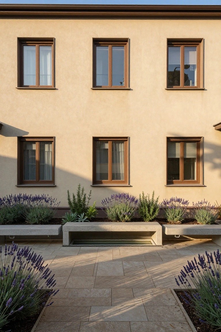 Beige stucco house facade with rows of rectangular wooden-framed windows, concrete benches, lavender plants, and a tiled stone patio in front.