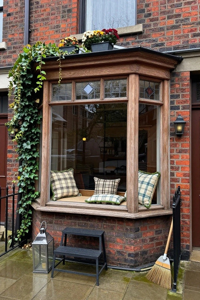 Brick house exterior with wooden bay window containing green and white plaid cushions on the bench seat, ivy climbing the walls and frame, potted plants above the window, black lantern and steps on wet pavement nearby.