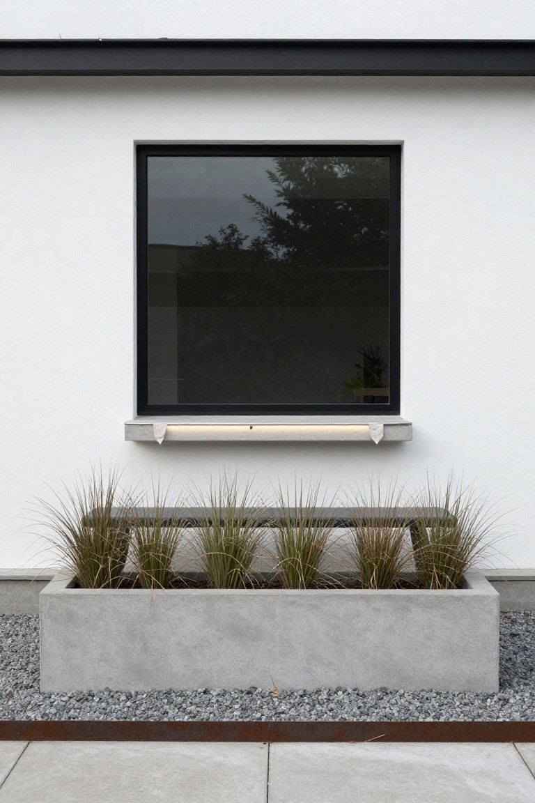 White stucco exterior wall with black-framed square window above a concrete shelf with integrated LED lighting, and rectangular concrete trough planter filled with tall ornamental grasses below, edged by gravel and steel on concrete pavers.