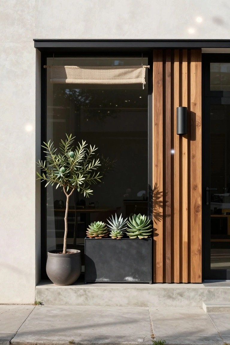 Modern house exterior with large glass sliding door beside vertical wooden slats, beige fabric shade inside the glass, potted olive tree in gray pot to the left, and black rectangular planter of succulents to the right on a concrete step.