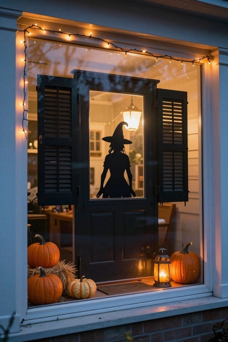 House exterior window with open shutters showing a backlit black witch silhouette inside, surrounded by string lights, pumpkins, hay bales, and lanterns on the sill.