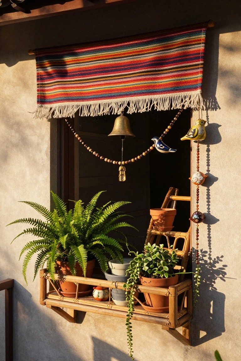 Exterior window on beige stucco wall with colorful striped fabric hanging above, beaded garlands, ceramic birds and bell, wooden ladder, and bamboo shelf holding terracotta pots of ferns, succulents, and trailing plants.